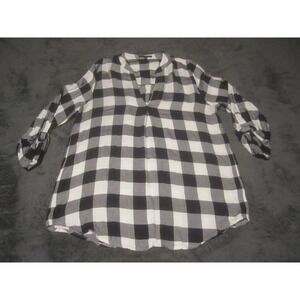 STACCATO Blouse Womens Medium Black White Plaid V Neck 3/4 Sleeve Tunic Top